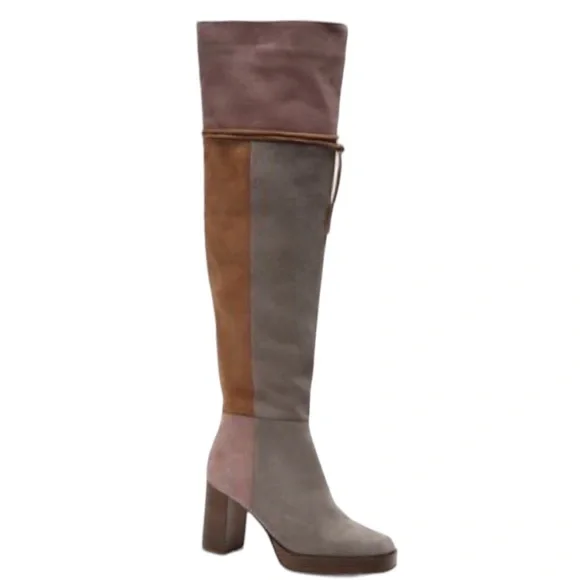 New Free People Patchwork Platform Over-The-Knee Tall Suede Leather Boots Italy